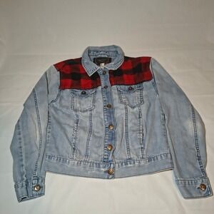 Forever 21 distressed Denim Jacket‎ Small Light Blue Red Buffalo Plaid Flannel